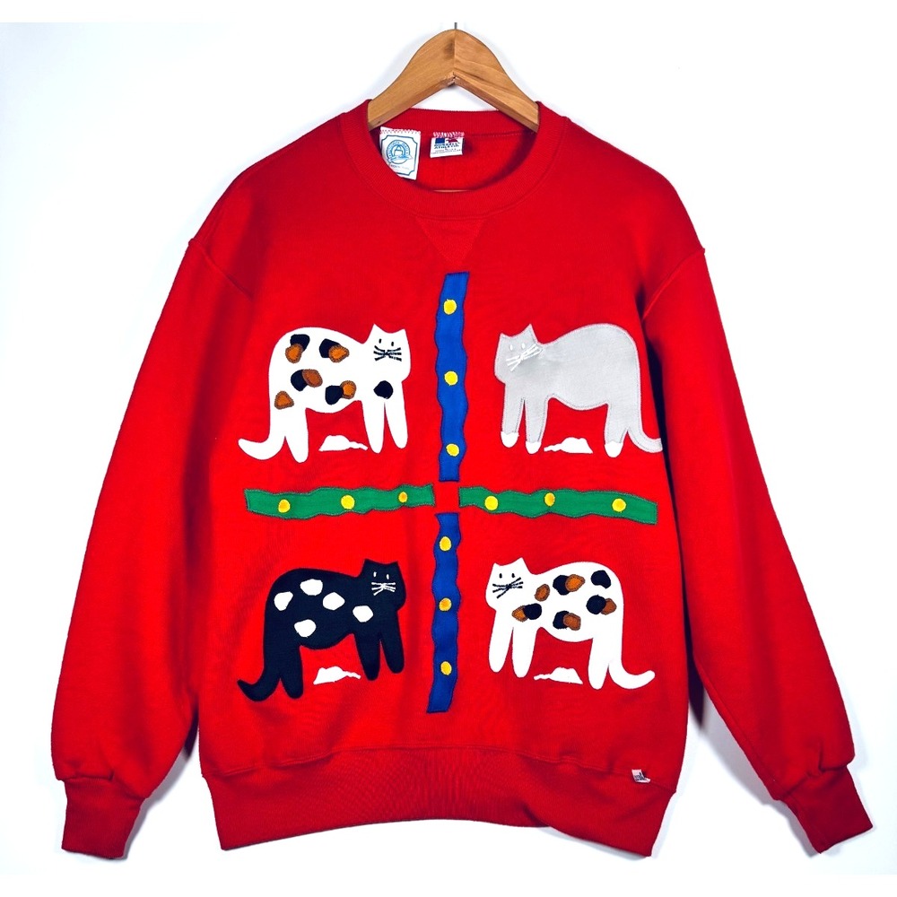 Vintage Russell Athletic Brown Bag Cat Sweatshirt Womens Large Red Applique USA